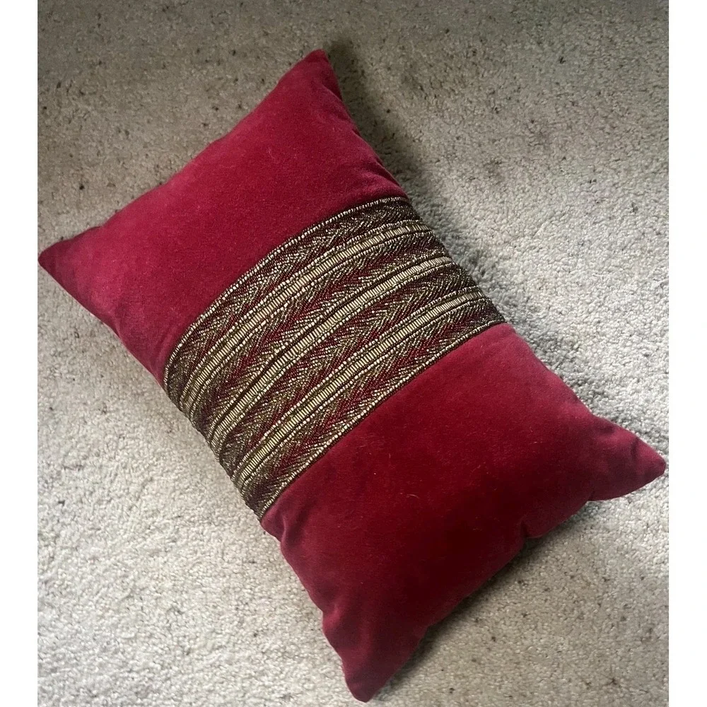 Pier 1 Lumbar Accent Pillow Burgundy w/ Gold & Red Beaded Decor